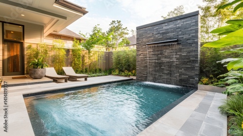 Natural materials highlight a serene minimalist pool design in a secluded private backyard