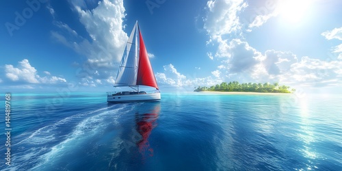 Dynamic sailboat with white hull and red/white sails glides across vibrant blue ocean, leaving a white wake under a clear sky, distant green island on horizon.  