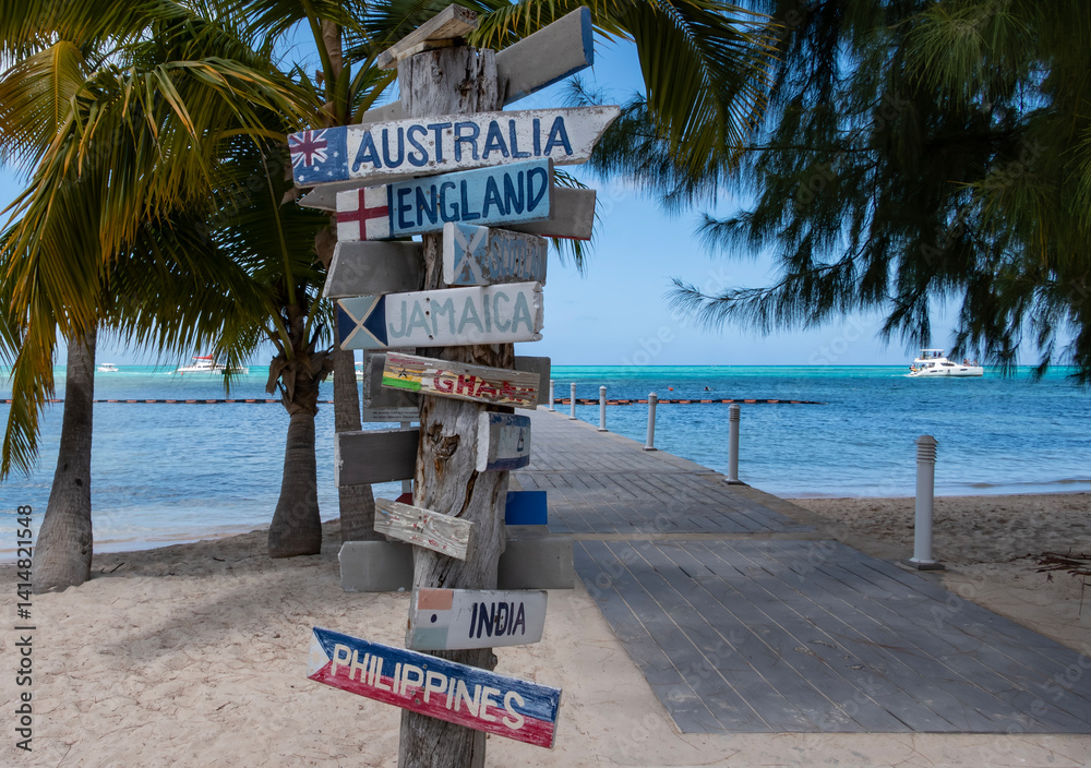 A Travel Signpost with Various Country Names at Rum Point, Grand Cayman Island