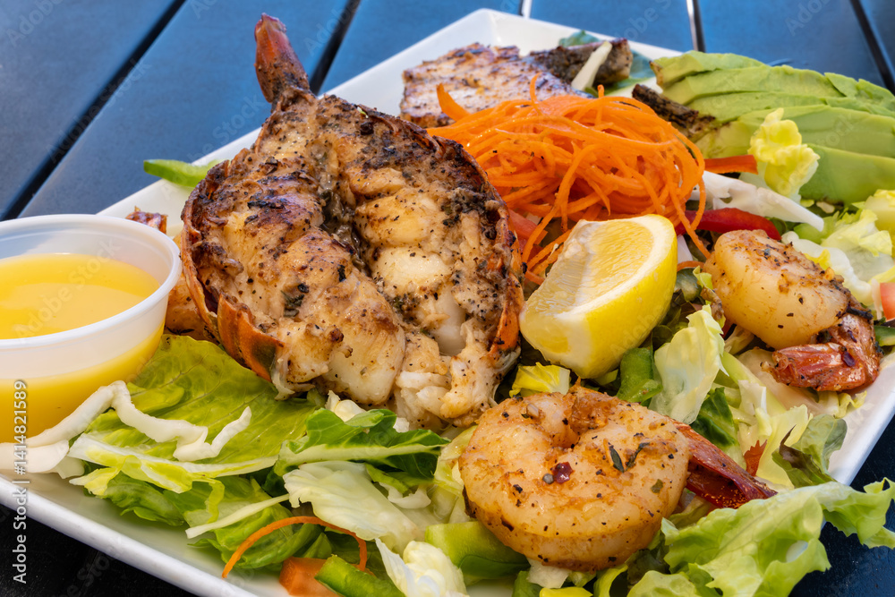Seafood Platter with Grilled Lobster, Shrimp an Fish on a Bed of Salad Served with Lemon Dressing and a Wedge of Lemon