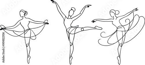 Minimalist Line Art Three Ballerinas in Different Poses with Tulle on White Backdrop