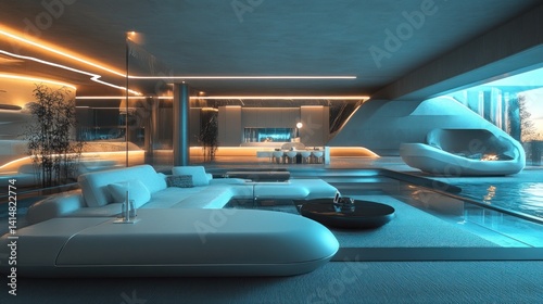 Futuristic Living Room Design  Modern Architecture and Interior Design with a Pool