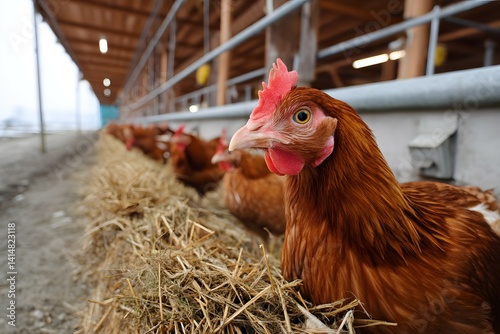 Chickens in a barn with straw bedding and wooden structure.