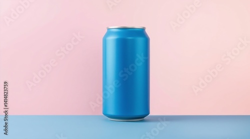 Blue soda can  mockup on a pastel pink background  