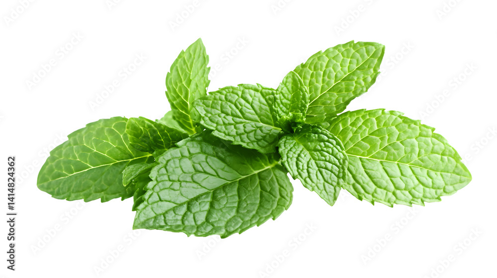 Fresh Green Mint Leaves on White Background for Culinary Design Projects Fresh Green Mint Leaves on White Background for Culinary Design Projects