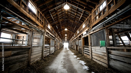 Interior view of a wooden barn with stalls and overhead lighting.