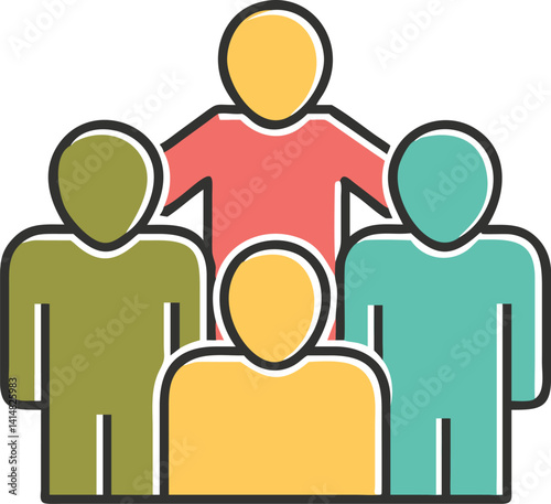 Diverse Group Icon, Team Members in Red, Yellow, Green, and Teal, Transparent BG