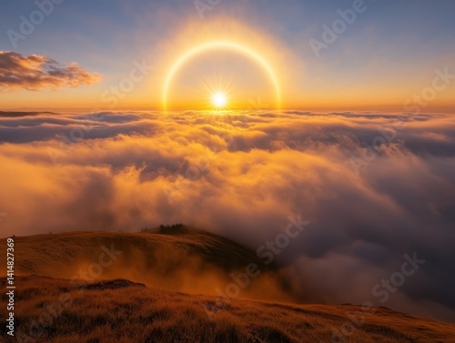 Golden hour sun halo over mountain landscape with clouds creating a serene and ethereal atmosphere scenic vista