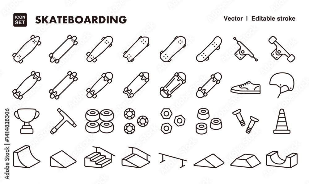 Fotografie Skateboarding line icon set. Vector editable stroke icon.