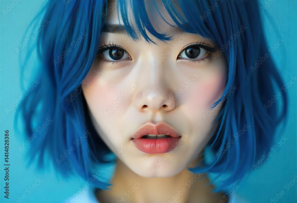 A close-up portrait of a korean woman blue hair,a soft lighting, a light-toned complexion, bob hair style,and bright pinkish-peach blush on the cheeks. bright, almost electric blue. bule studio