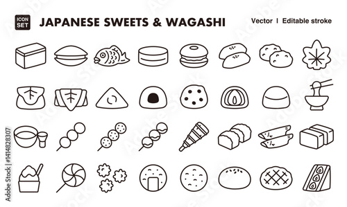 Japanese sweets line icon set. Vector editable stroke icon.