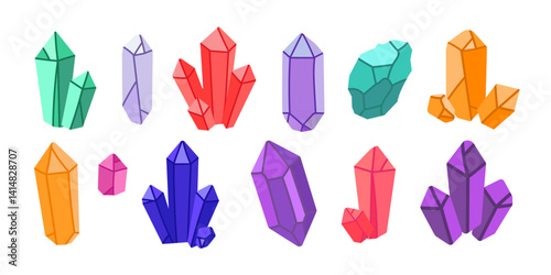 Colorful Crystal and Gemstone of Different Shapes Set in Flat Vector Style. Crystals minerals and gemstones in various colors design elements, fantasy, game assets, educational, posters, digital decor