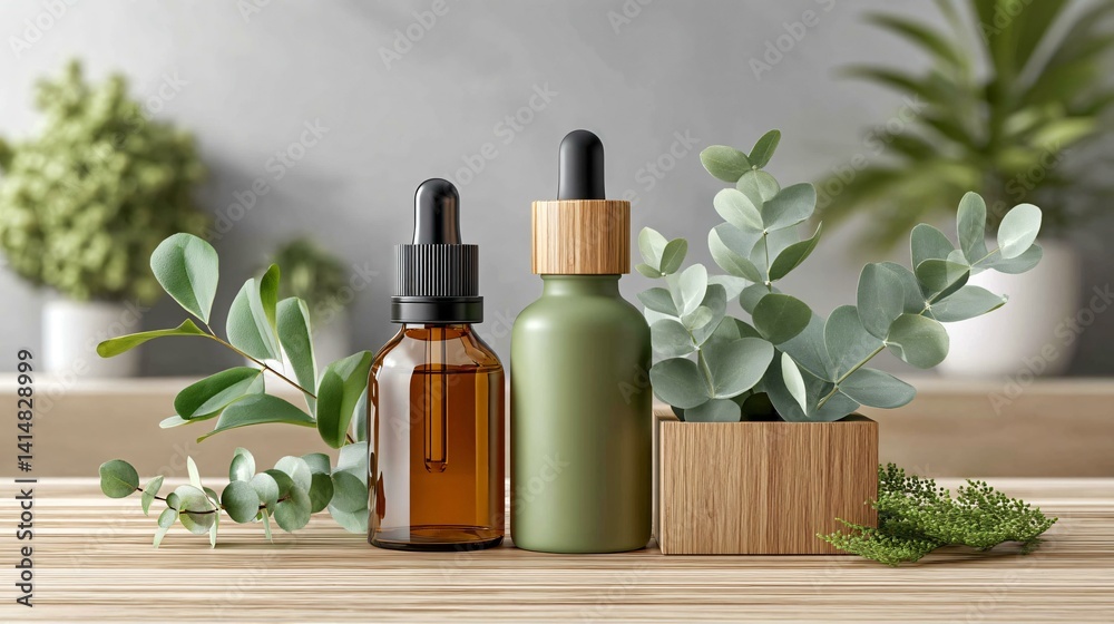 Botanical illustration background with sharp-focused essential oil bottles in foreground, ideal for product mockups and branding visuals. Botanical illustration background with sharp-focused essential oil bottles in foreground, ideal for product mockups and branding visuals.