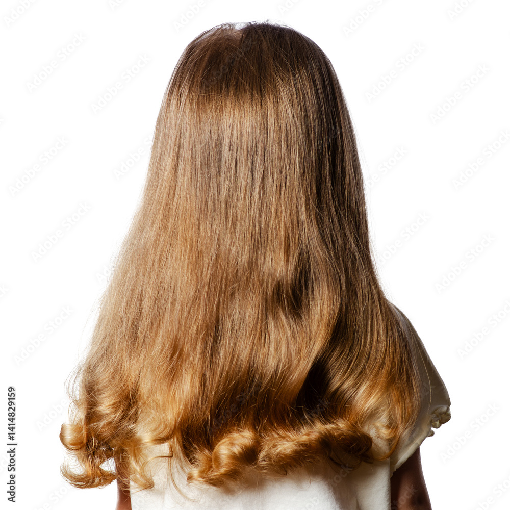 Fototapeta premium Girl curly hair hairstyle back view on white background isolation