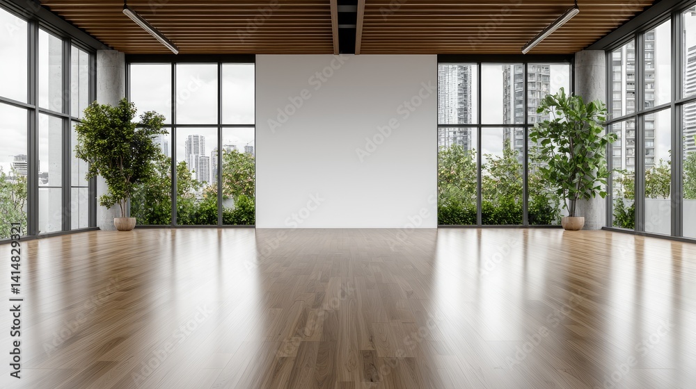 Fototapeta premium Modern minimalist interior design with large windows and high ceilings