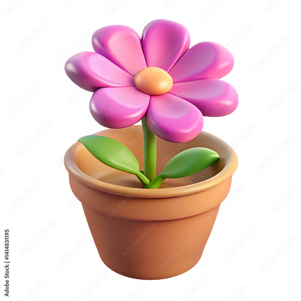 Obraz premium Cute pink flower in a terracotta pot. A cheerful illustration of a potted plant. . 3D Cartoon plastic style icon