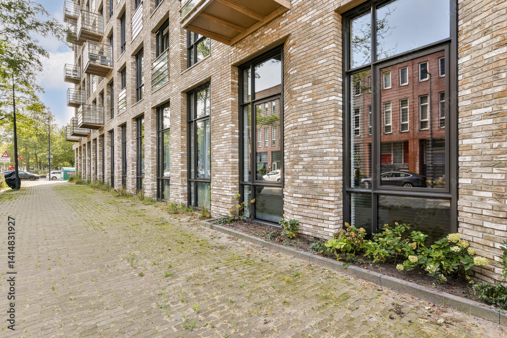 A modern building facade featuring large windows and a sleek design. The exterior includes natural elements like greenery and a pathway. A modern building facade featuring large windows and a sleek design. The exterior includes natural elements like greenery and a pathway.