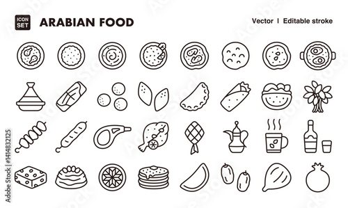 Arabian food line icon set. Vector editable stroke icon.
