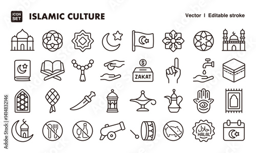 Islamic culture line icon set. Vector editable stroke icon.