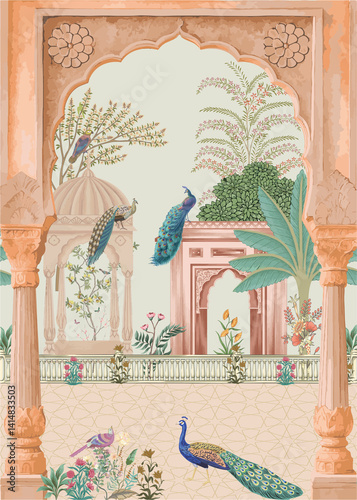 Wallpaper Mural Mughal garden, arch, peacock, bird, plant vector illustration for wedding wallpaper Torontodigital.ca