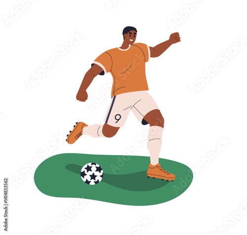 Soccer player running, kicking ball. Black man athlete playing football, field sport game. Happy professional sportsman training on lawn. Flat graphic vector illustration isolated on white background.