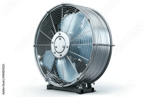 A powerful industrial fan spins gently in a workshop, circulating fresh air during a summer day