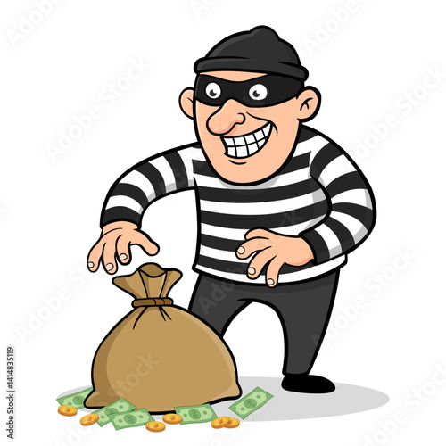 Cartoon Thief in Striped Outfit Stealing Money Bag - Vector Illustration