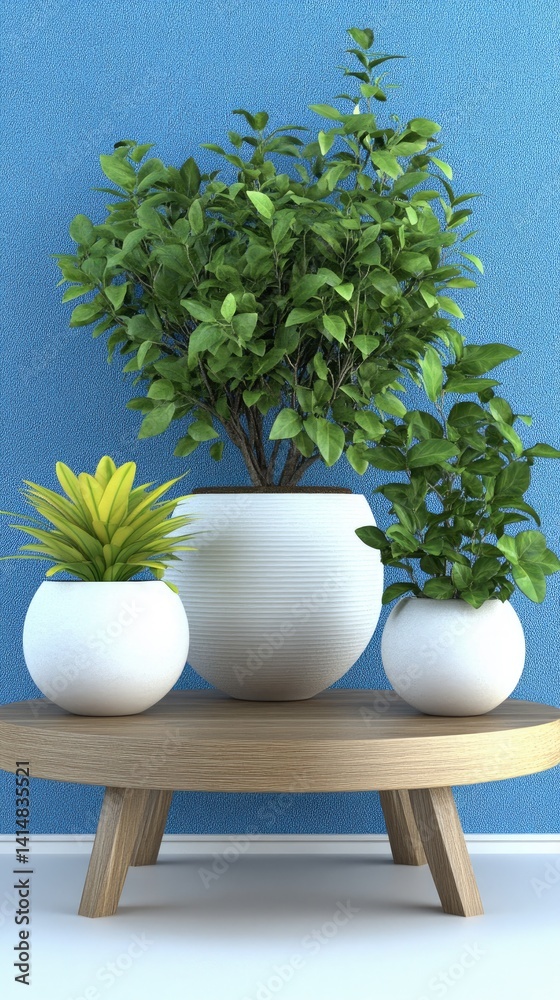 Tropical plants arranged in modern pots enhance the vibrant atmosphere of a blue and yellow backdrop, perfect for contemporary decor