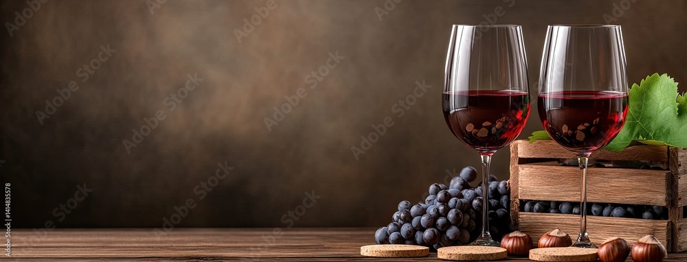 Warm candles illuminate a rustic setting featuring a red wine bottle, two filled glasses, and fresh grapes on an aged wooden table