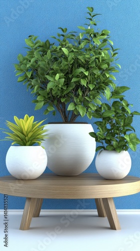 Obraz na płótnie Tropical plants arranged in modern pots enhance the vibrant atmosphere of a blue and yellow backdrop, perfect for contemporary decor w salonie