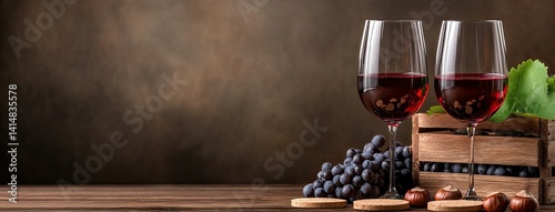 Obraz na płótnie Warm candles illuminate a rustic setting featuring a red wine bottle, two filled glasses, and fresh grapes on an aged wooden table w salonie