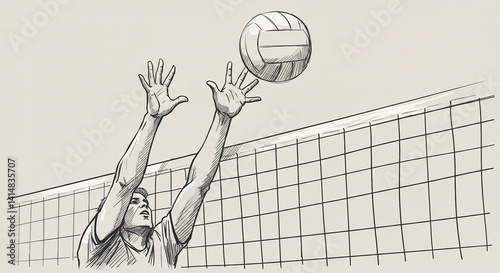 Sketch of hands blocking a volleyball at the net