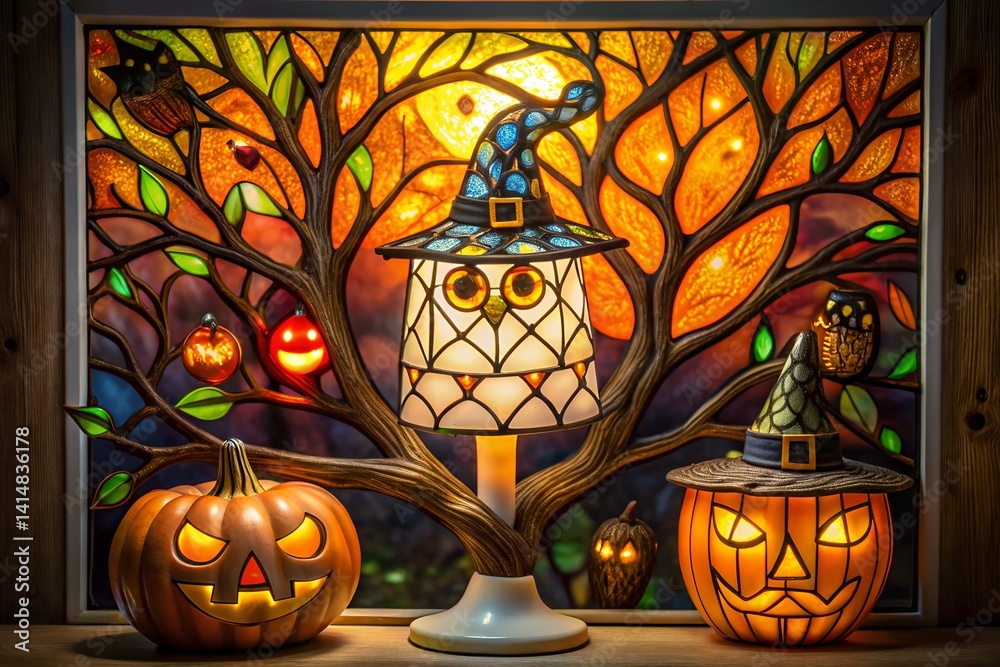 Magical Stained Glass Night Light with Pumpkin Tree and Glowing Owls