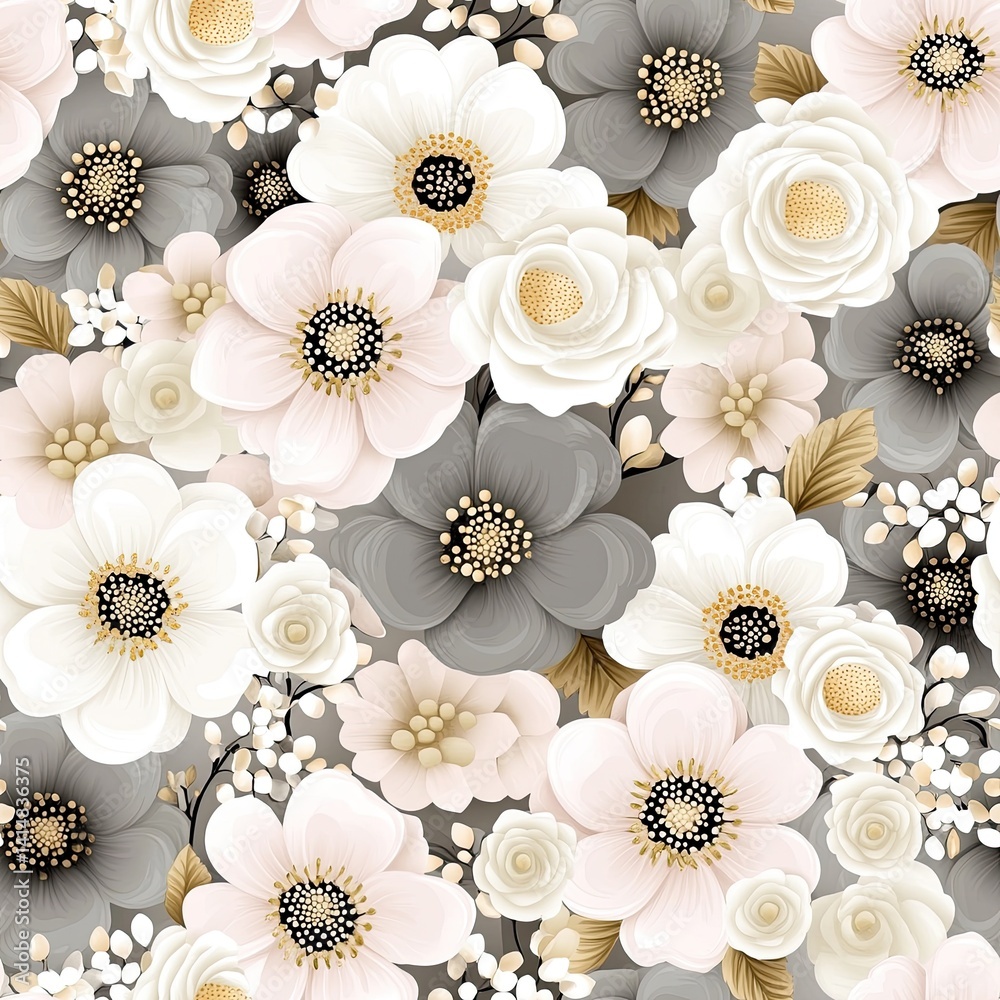 Delicate wildflowers in beige, gray, cream, and blush pink create a vintage garden effect, perfect for feminine living areas SEAMLESS PATTERN