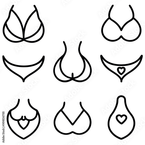 A collection of nine stylized, black line art designs of bras and bikini tops.