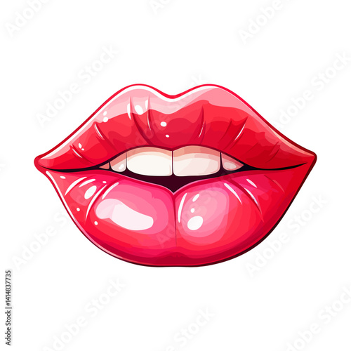 Detailed and glossy illustration of full pink lips slightly parted to reveal white teeth. Represents beauty, sensuality, makeup, and a feminine aesthetic.
