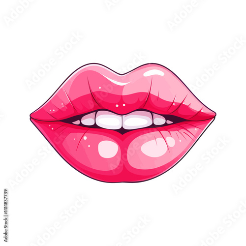 Detailed and glossy illustration of full pink lips slightly parted to reveal white teeth. Represents beauty, sensuality, makeup, and a feminine aesthetic.