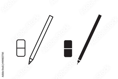Flat icon set of pencil and eraser in black and white, great for school, office, and creative designs