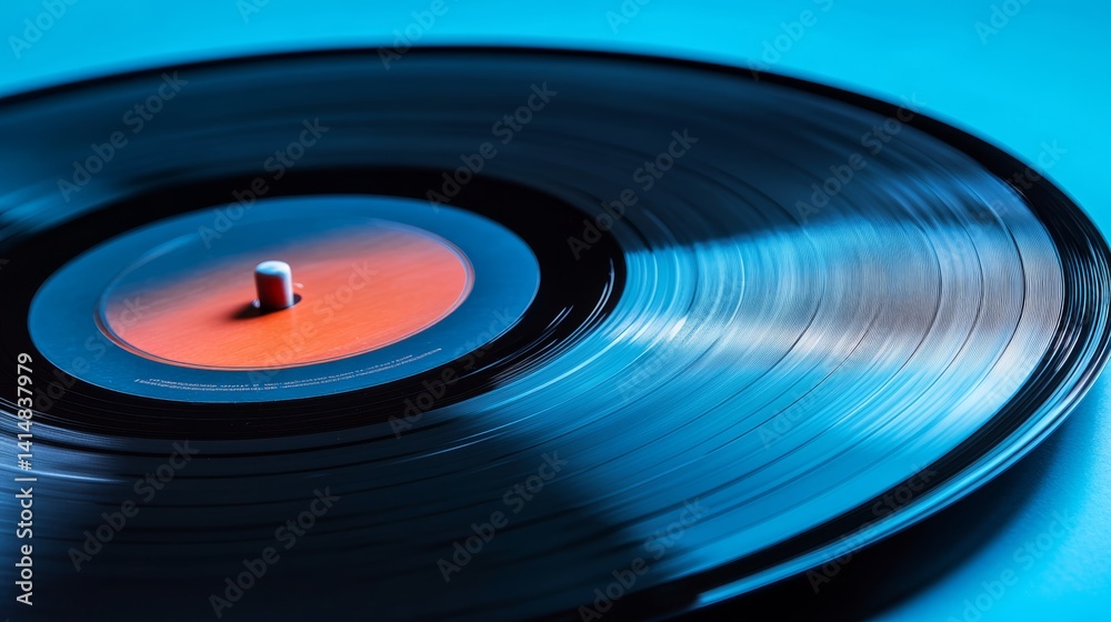 Close-up of Spinning Vinyl Record with Blue Lighting Close-up of Spinning Vinyl Record with Blue Lighting