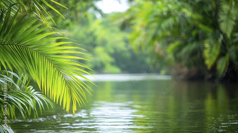 Lush green foliage reflects on tranquil waters of serene river Lush green foliage reflects on tranquil waters of serene river