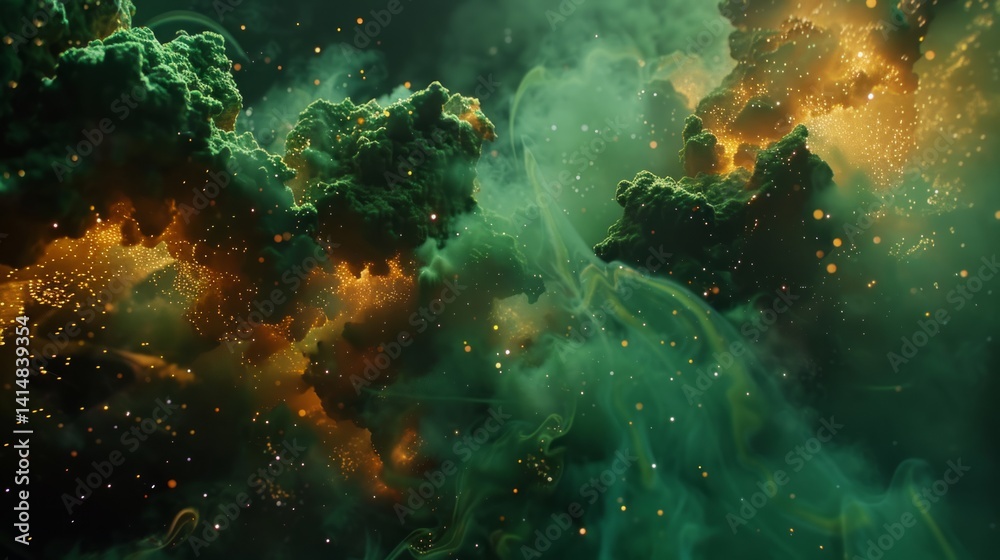 Fototapeta premium Emerald Nebula Cloudscape: Digital Art Fantasy Background, Abstract Green Gold Galaxy, AI Generated