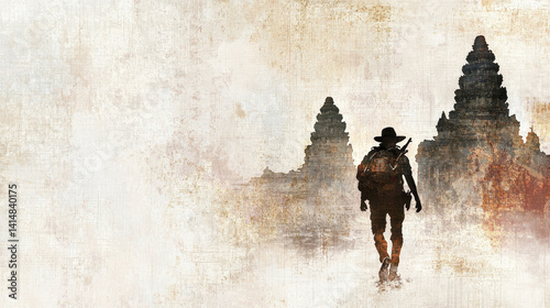 silhouette of adventurer walking towards ancient temples, evoking sense of exploration and mystery