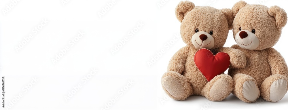 Two adorable teddy bears snuggle together, holding a red heart, evoking feelings of love and companionship on a clean white backdrop
