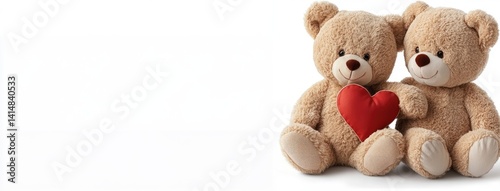 Two adorable teddy bears snuggle together, holding a red heart, evoking feelings of love and companionship on a clean white backdrop