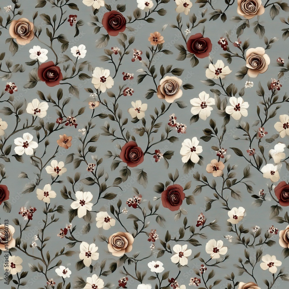 Vintage floral pattern showcases red and creamy white roses alongside daisies on a soothing sage green background SEAMLESS PATTERN