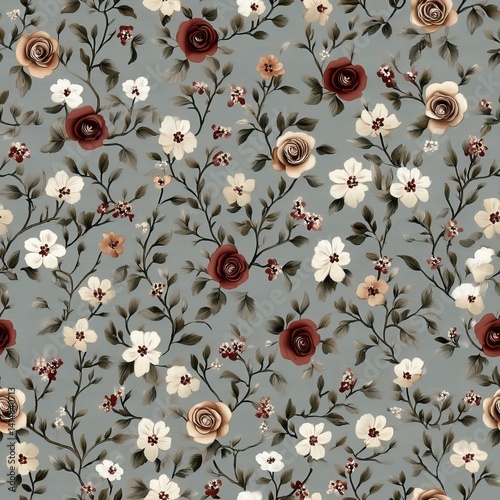 Obraz na płótnie Vintage floral pattern showcases red and creamy white roses alongside daisies on a soothing sage green background SEAMLESS PATTERN w salonie