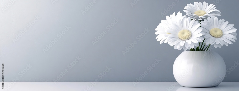 Two white daisies in a clear vase stand out against a bright background, showcasing natural beauty in a minimalistic setting
