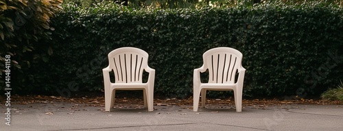 Obraz na płótnie Two white plastic chairs sit peacefully in a garden, surrounded by lush green hedges and grass under warm summer light. w salonie