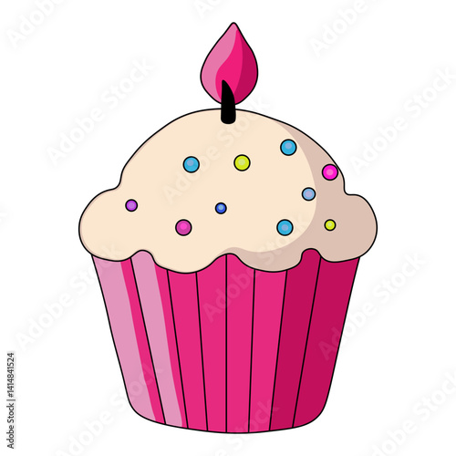 Mouth-watering delicious cupcake with  candle and dragees for  Birthday, celebration. Cream, blue, yellow, pink colors. One icon isolated on  white background. Flat design.