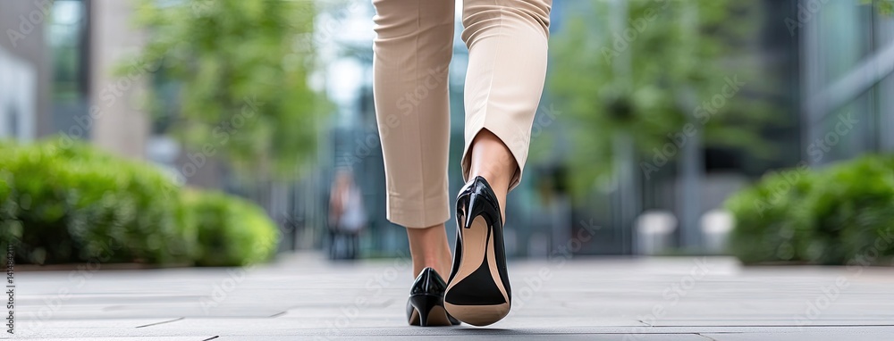 A businesswoman walks confidently along a city street, highlighting her black stiletto pumps and fashionable beige pants